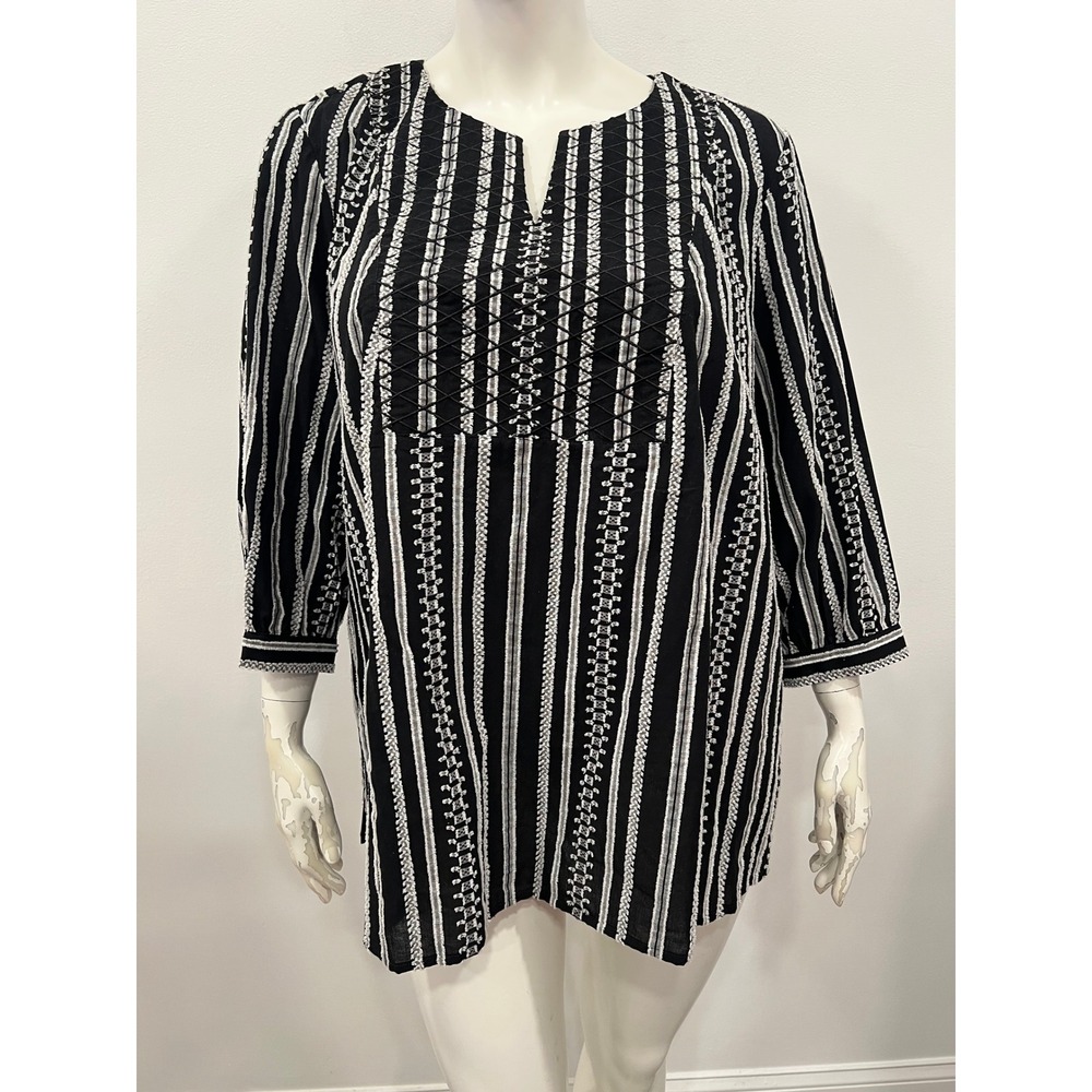CJ Banks Tunic Blouse Womens 3X Black White Striped Embroidered V-Neck Top NEW